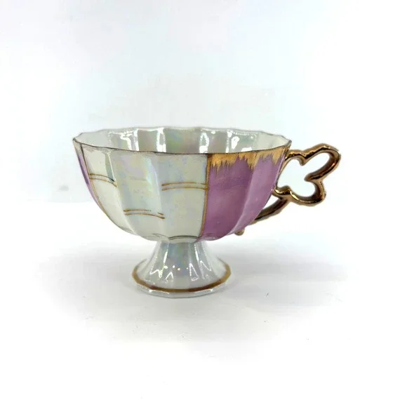 Vtg Enesco Iridescent Purple White Gold Trim Footed Teacup Saucer Set - Picture 2 of 9